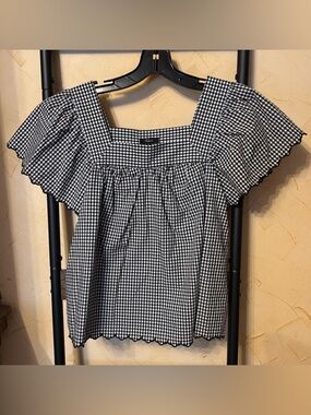 Rails Size S Gingham Square-Neck Ruffle Sleeve Top - Black & White